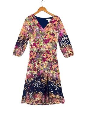 London Times Floral Print V‑Neck Bishop Sleeve Midi Dress Matte Jersey Size 10